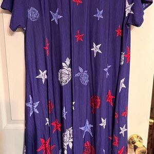 LuLaRoe Blue Carly Dress with Red, White and Light Blue Roses and Stars